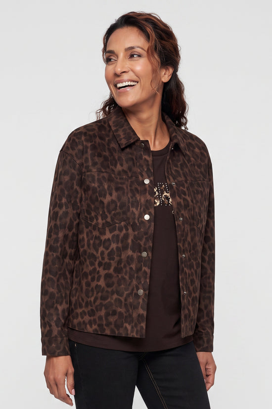 Olsen Coffee Animal Print Shirt Jacket with Collar, Press Studs & Patch Pockets