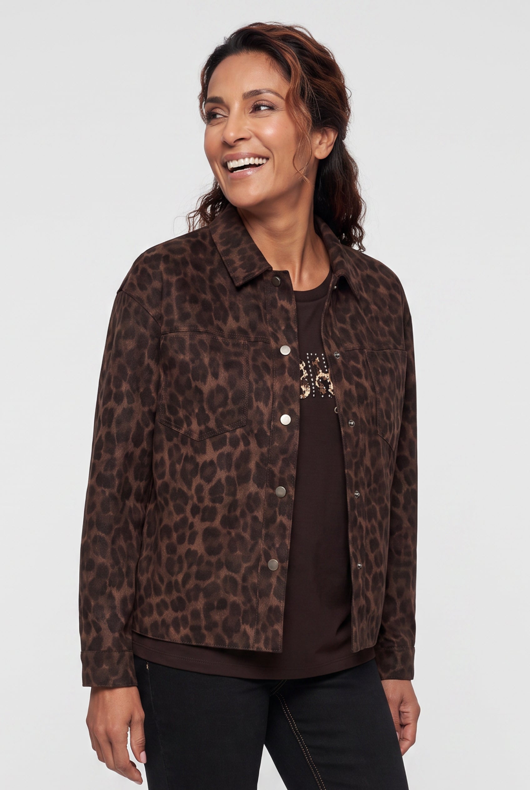 Olsen Coffee Animal Print Shirt Jacket with Collar, Press Studs & Patch Pockets