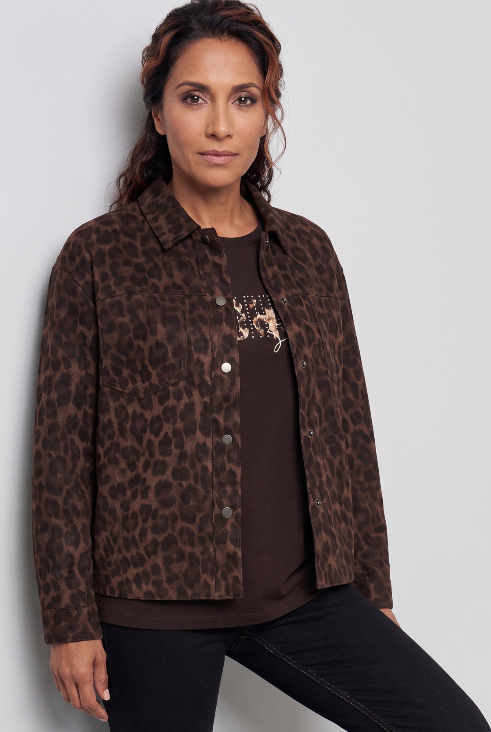Olsen Coffee Animal Print Shirt Jacket with Collar, Press Studs & Patch Pockets