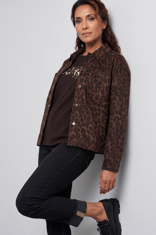Olsen Coffee Animal Print Shirt Jacket with Collar, Press Studs & Patch Pockets