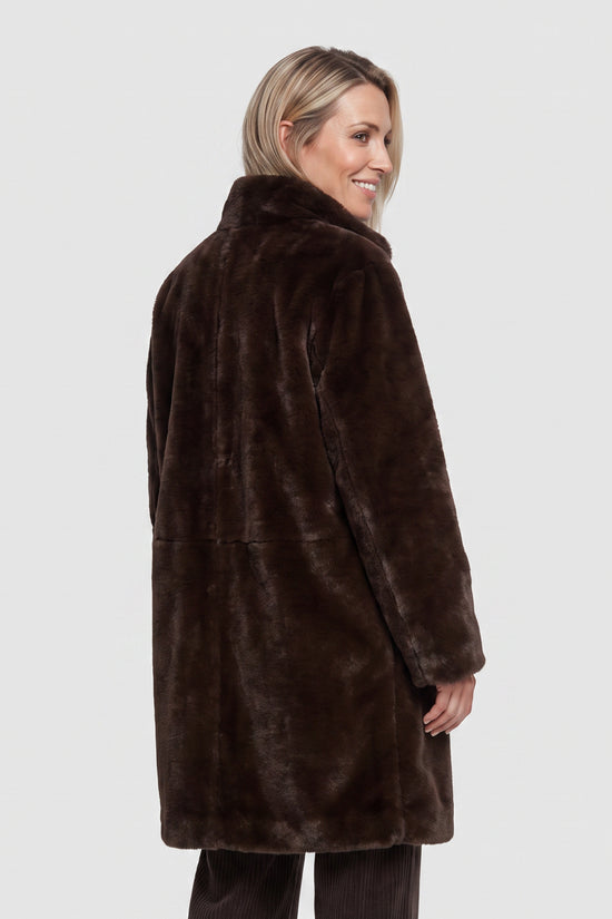 Olsen Coffee Brown Faux Fur Coat with High Collar