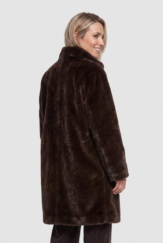 Olsen Coffee Brown Faux Fur Coat with High Collar