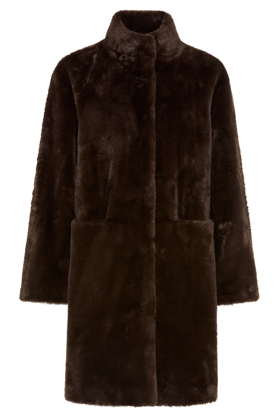 Olsen Coffee Brown Faux Fur Coat with High Collar