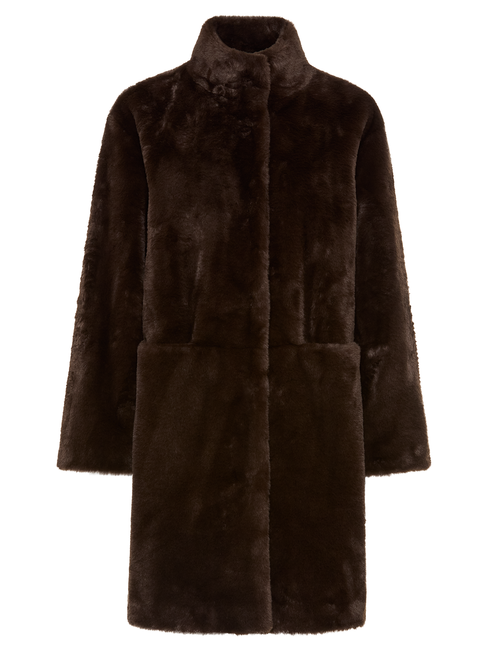 Olsen Coffee Brown Faux Fur Coat with High Collar