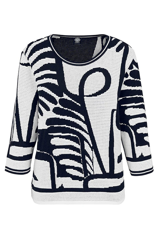 Faber Navy & Cream Jacquard Knit 3/4 Sleeve Round Neck Sweater