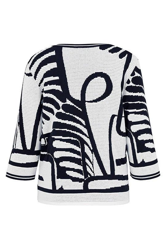 Faber Navy & Cream Jacquard Knit 3/4 Sleeve Round Neck Sweater