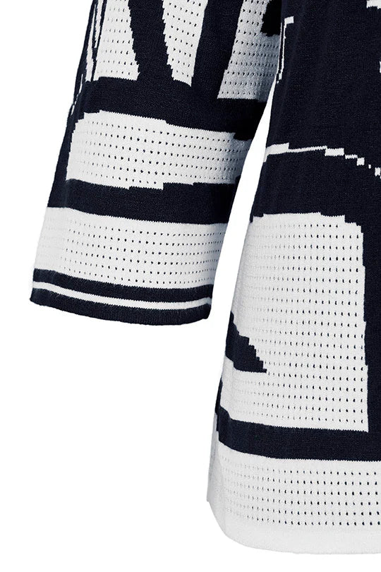 Faber Navy & Cream Jacquard Knit 3/4 Sleeve Round Neck Sweater