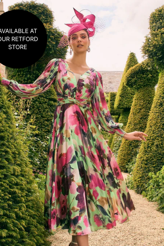 Veni Infantino Mulberry & Green Print V-Neckline Satin A-Line Dress 992769A AW