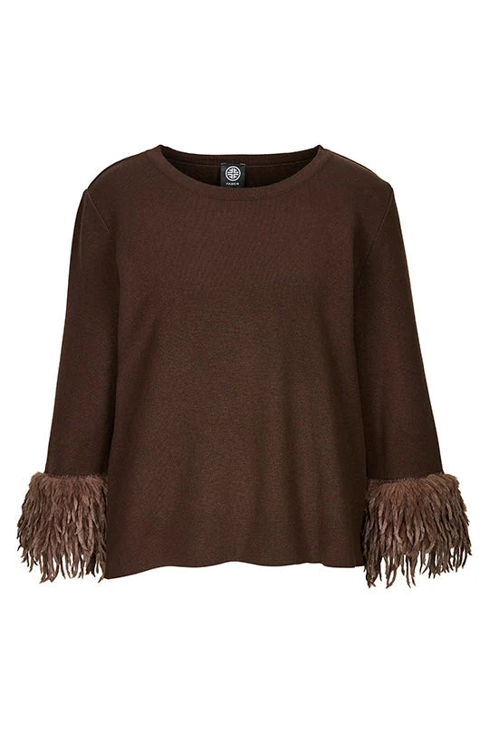 Faber Chocolate  Sweater with Boho Faux Fur Trim