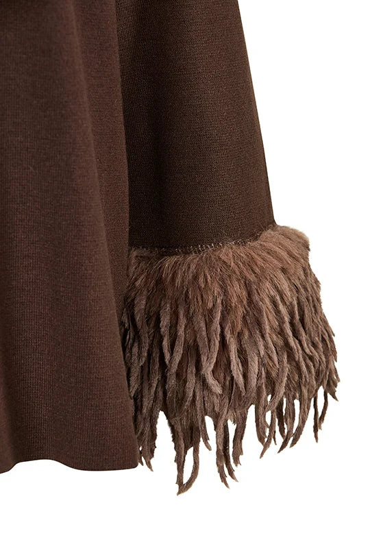 Faber Chocolate  Sweater with Boho Faux Fur Trim