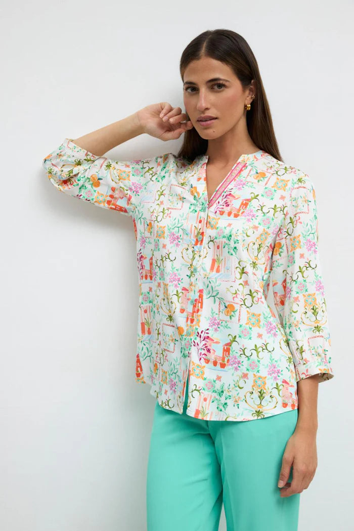 Tinta & Barriloche Coral Print 3/4 Sleeve Mandarin Collar Blouse
