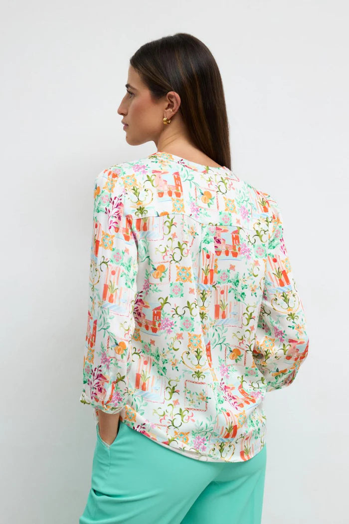Tinta & Barriloche Coral Print 3/4 Sleeve Mandarin Collar Blouse