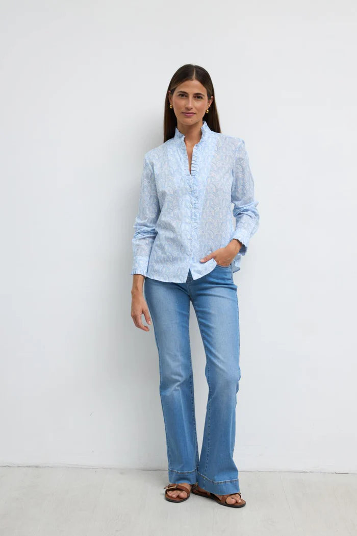 Tinta & Bariloche Blue Print Ruffle Trim Long Sleeve Shirt ALGABA