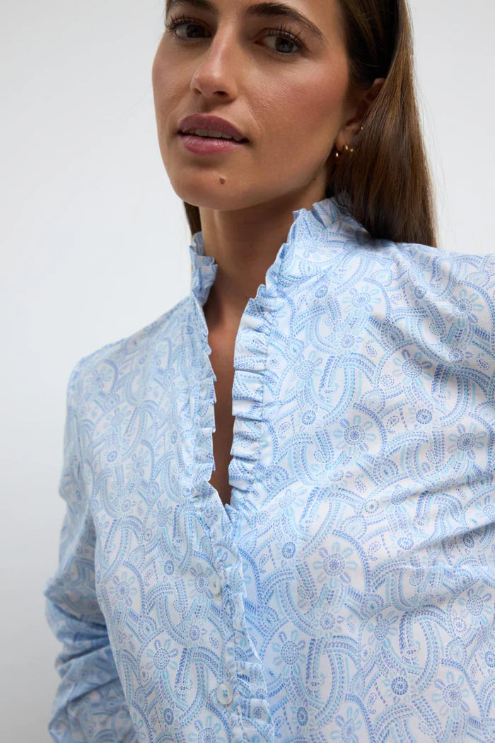 Tinta & Bariloche Blue Print Ruffle Trim Long Sleeve Shirt ALGABA