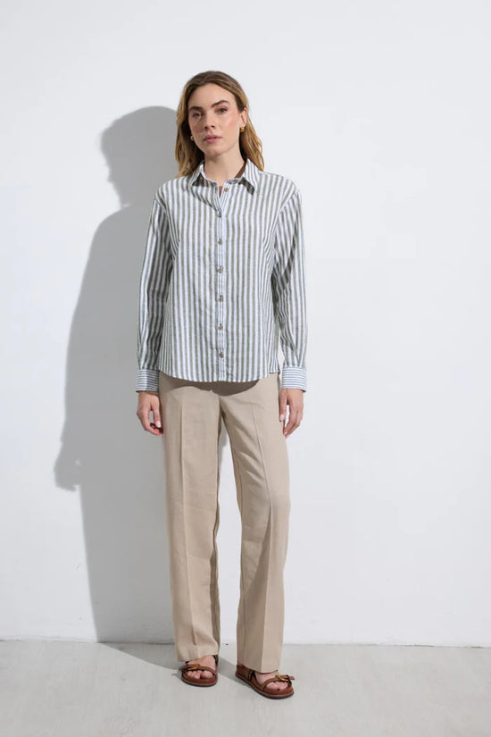 Tinta & Bariloche Khaki Striped Long Sleeve Linen Blend Shirt JARILLA