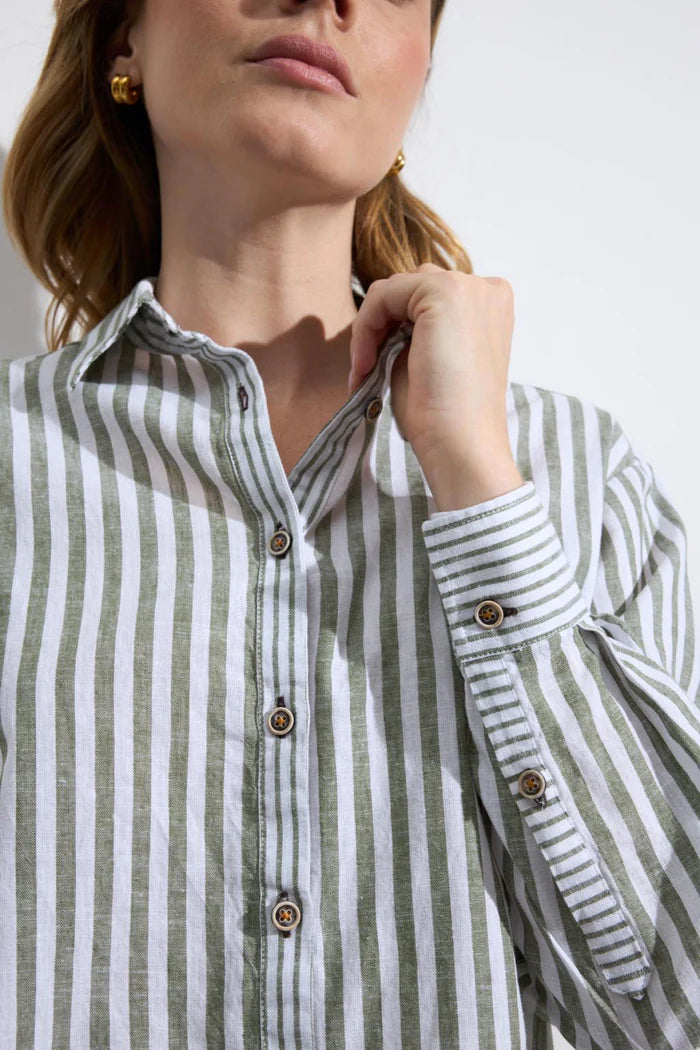 Tinta & Bariloche Khaki Striped Long Sleeve Linen Blend Shirt JARILLA