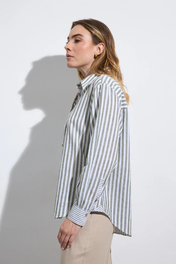 Tinta & Bariloche Khaki Striped Long Sleeve Linen Blend Shirt JARILLA