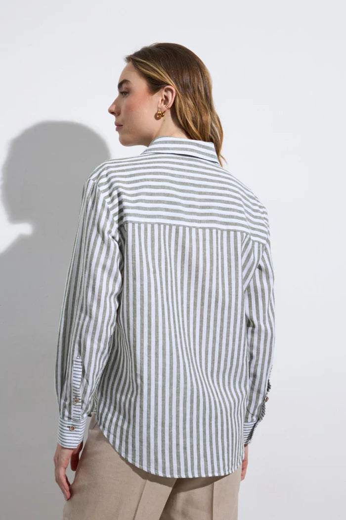 Tinta & Bariloche Khaki Striped Long Sleeve Linen Blend Shirt JARILLA