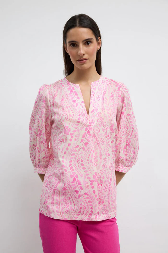 Tinta & Bariloche Pink Floral Blouse – Three-Quarter Sleeves, Mandarin Collar VINUESA