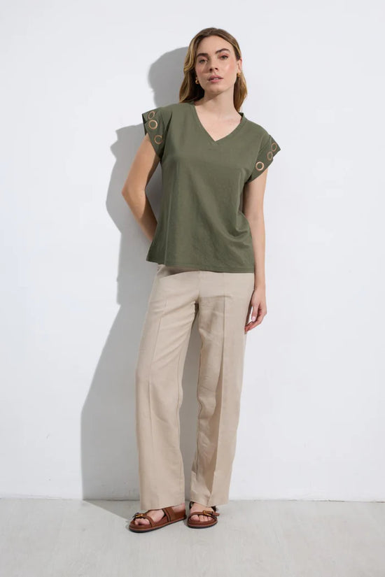 Khaki V-Neck Short Sleeve T-Shirt with Gold Eyelet Detail