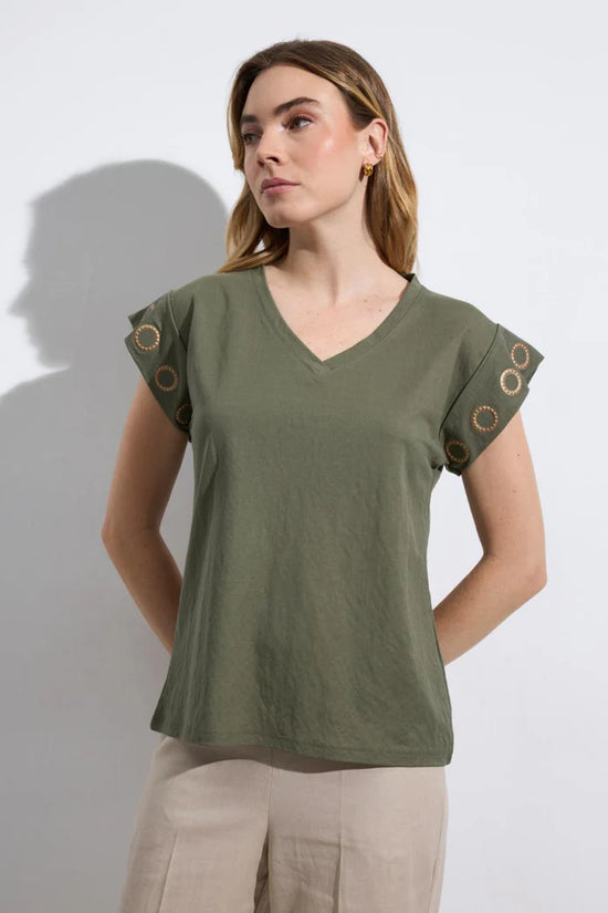 Khaki V-Neck Short Sleeve T-Shirt with Gold Eyelet Detail