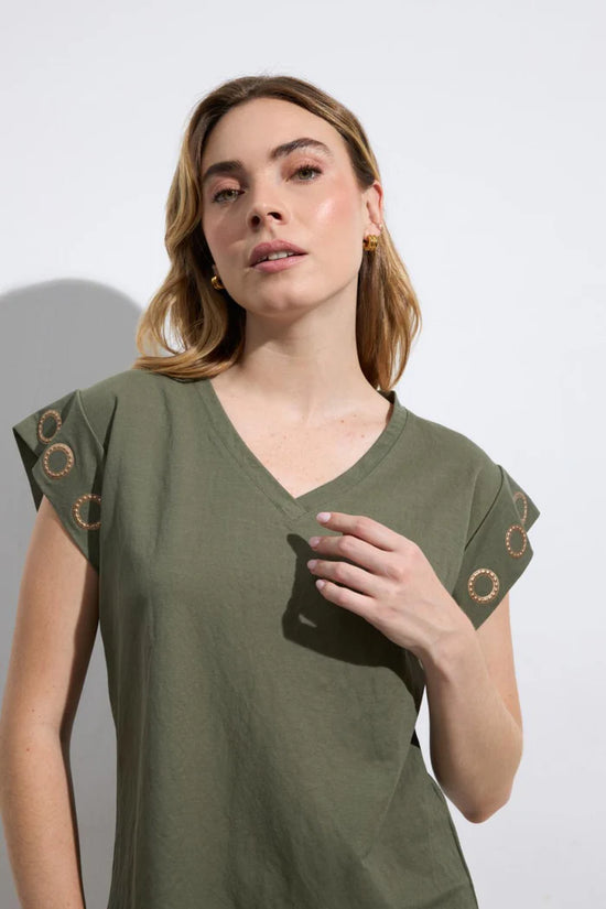 Khaki V-Neck Short Sleeve T-Shirt with Gold Eyelet Detail