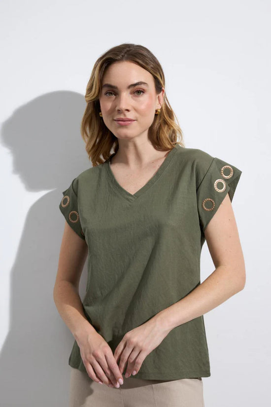 Khaki V-Neck Short Sleeve T-Shirt with Gold Eyelet Detail