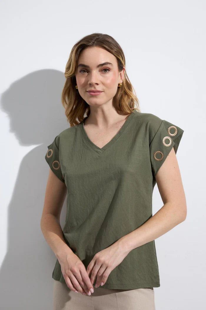 Khaki V-Neck Short Sleeve T-Shirt with Gold Eyelet Detail