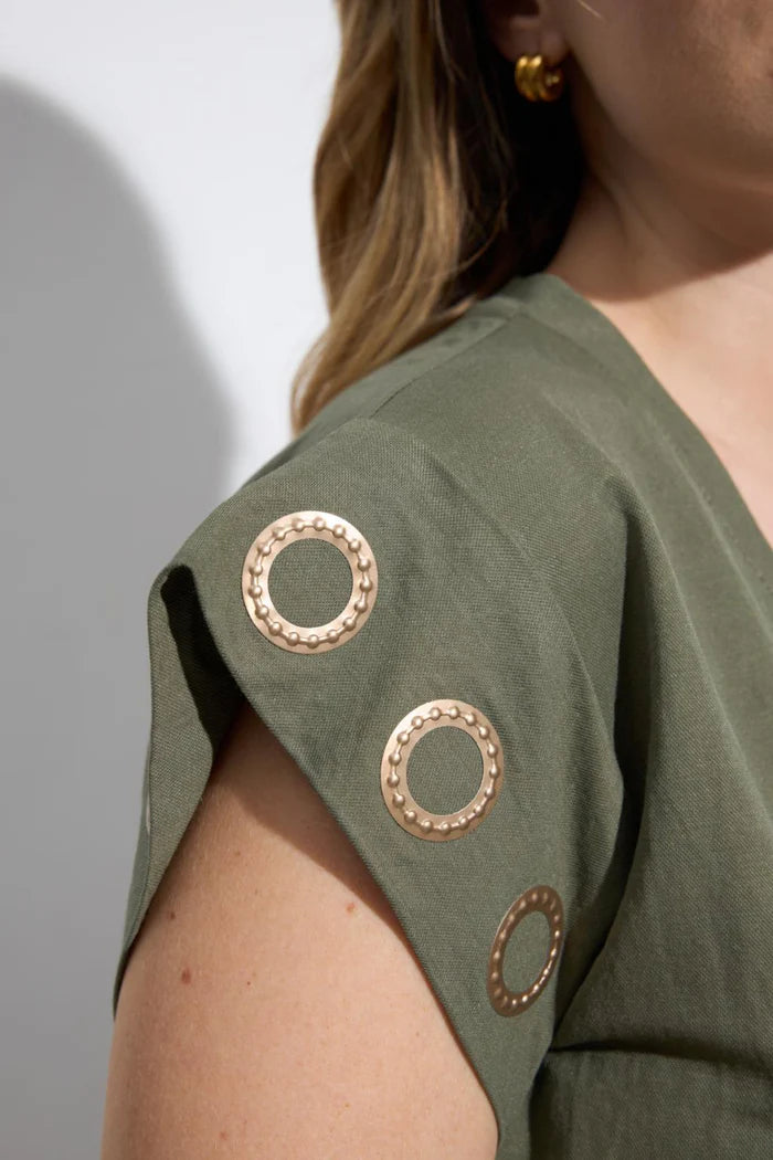 Khaki V-Neck Short Sleeve T-Shirt with Gold Eyelet Detail