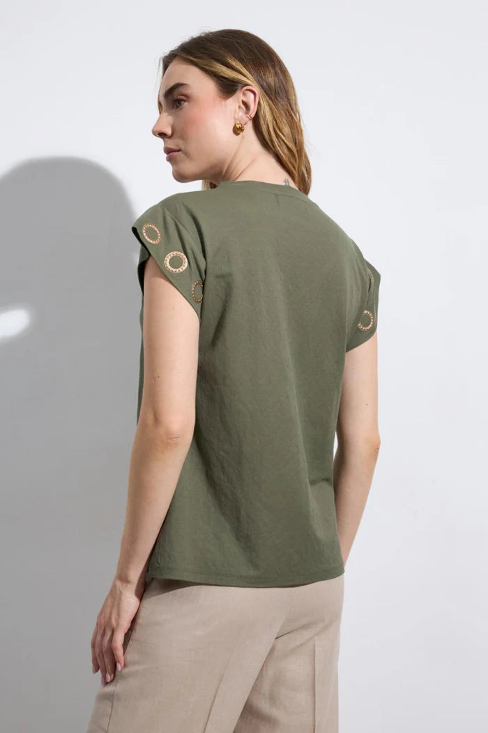 Khaki V-Neck Short Sleeve T-Shirt with Gold Eyelet Detail