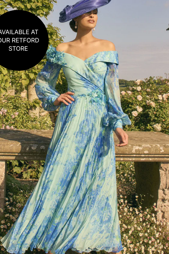 Veni Infantino Ocean Blue Print Off-Shoulder Chiffon Dress 992780 AW