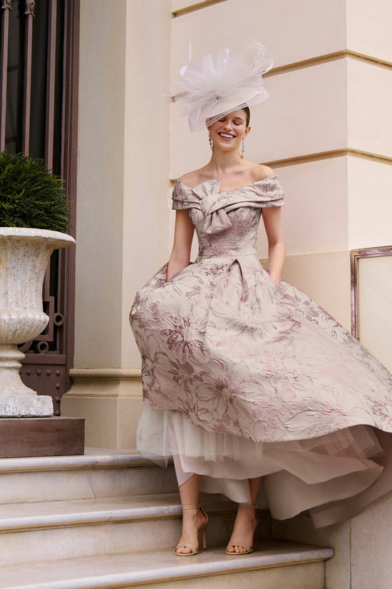 Couture Club Printed Brocade Dress in Chalk Rose