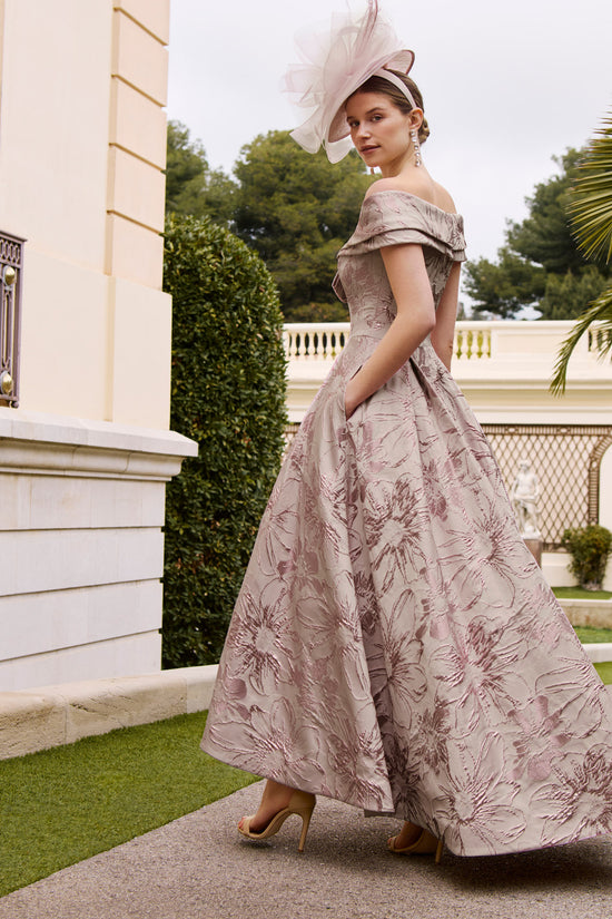 Couture Club Printed Brocade Dress in Chalk Rose