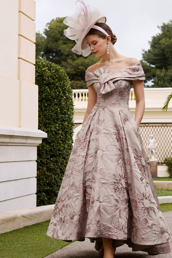 Couture Club Printed Brocade Dress in Chalk Rose