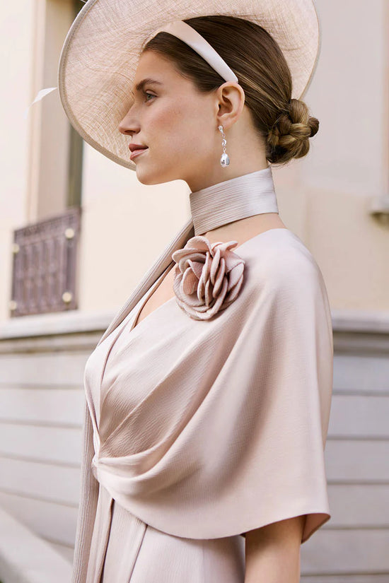 Couture Club sand Textured Satin Jumpsuit with V-Neck & Butterfly Sleeves