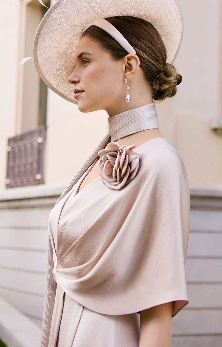 Couture Club sand Textured Satin Jumpsuit with V-Neck & Butterfly Sleeves