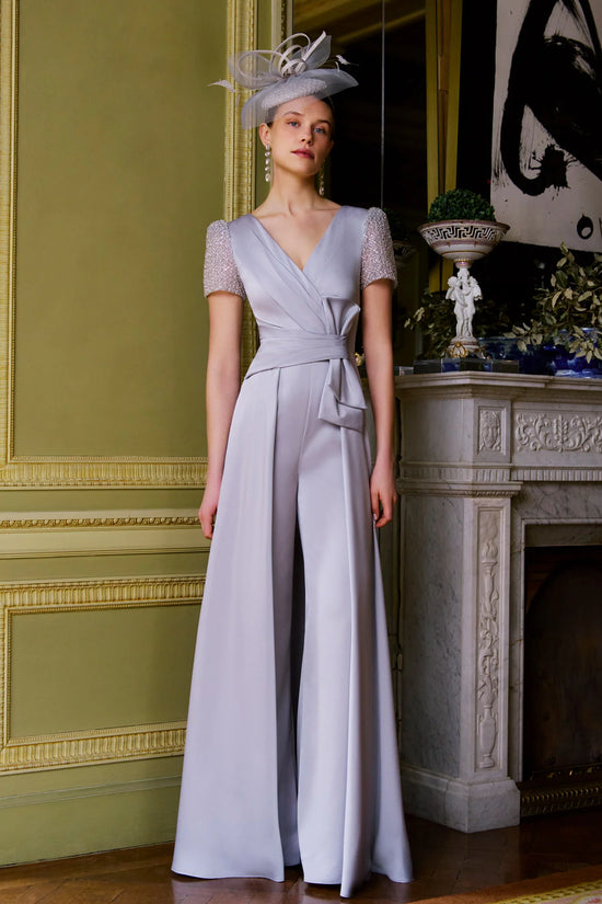 Couture Club Silver Grey V-Neckline Satin Jumpsuit with Overskirt