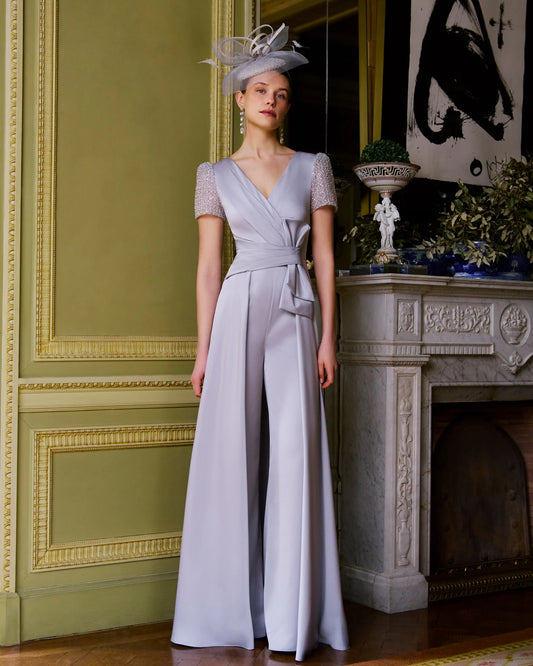 Couture Club Silver Grey V-Neckline Satin Jumpsuit with Overskirt