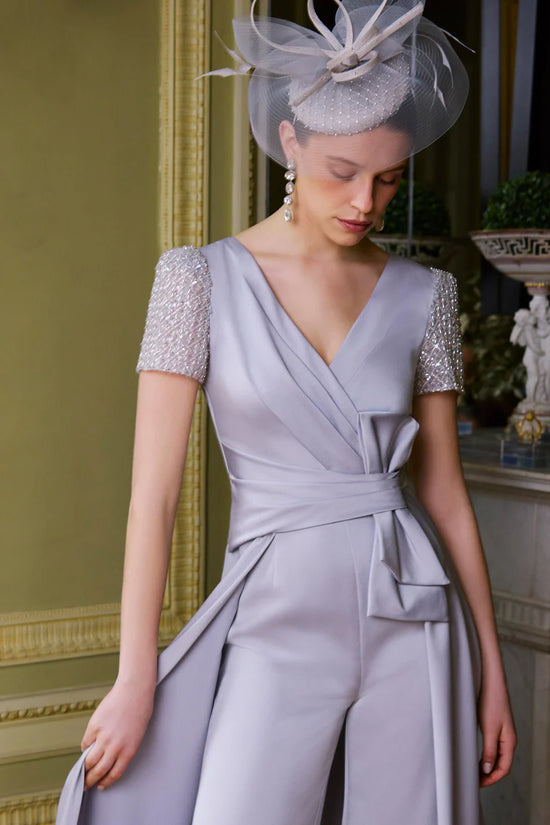 Couture Club Silver Grey V-Neckline Satin Jumpsuit with Overskirt