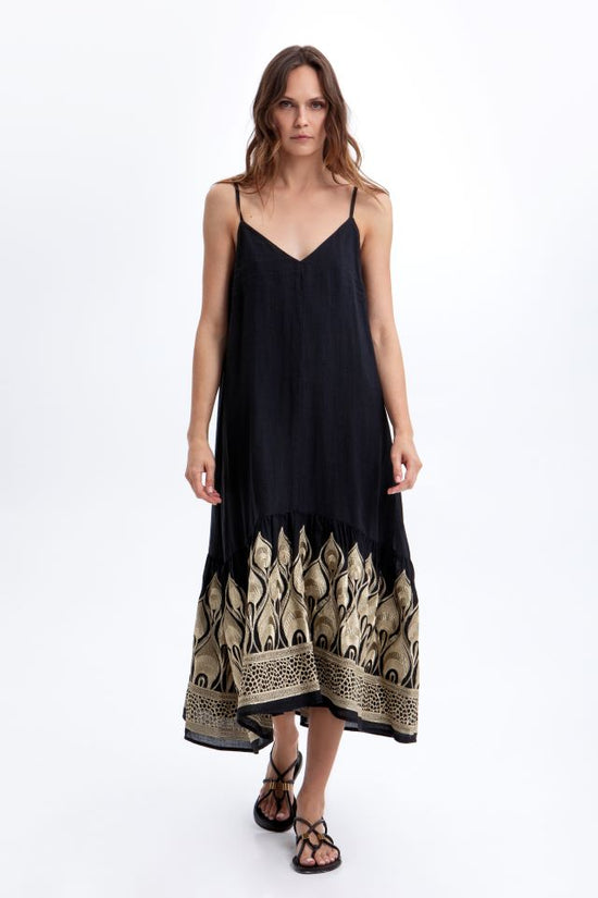 Greek Archaic Kori Black & Gold Strappy Maxi V-Neck Sleeveless Dress