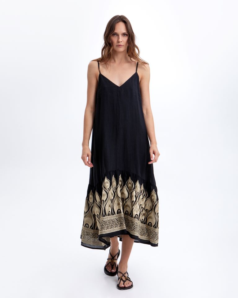 Greek Archaic Kori Black & Gold Strappy Maxi V-Neck Sleeveless Dress