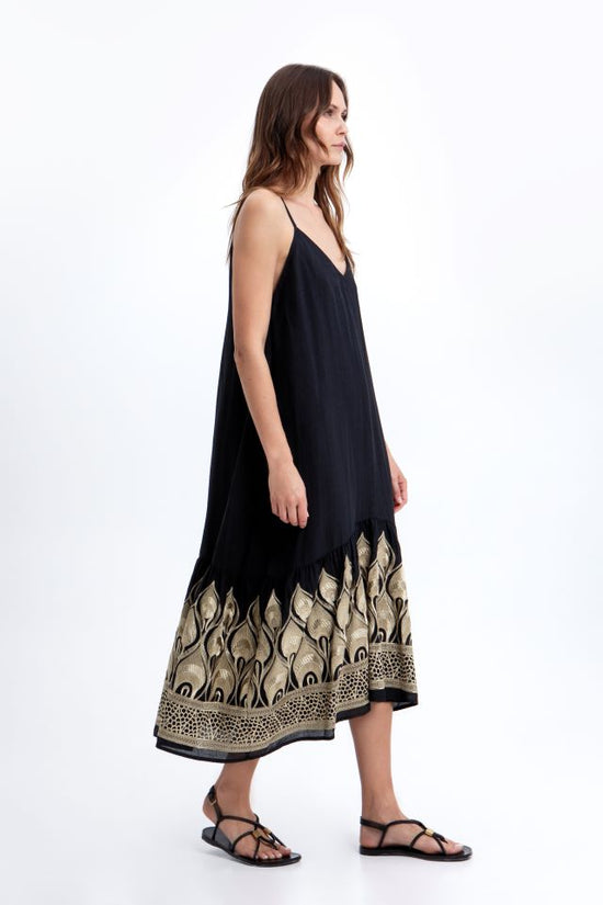 Greek Archaic Kori Black & Gold Strappy Maxi V-Neck Sleeveless Dress