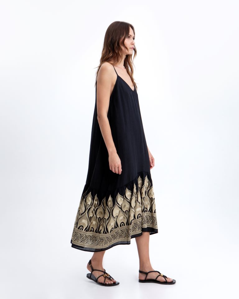 Greek Archaic Kori Black & Gold Strappy Maxi V-Neck Sleeveless Dress