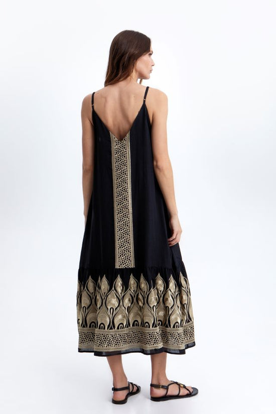 Greek Archaic Kori Black & Gold Strappy Maxi V-Neck Sleeveless Dress