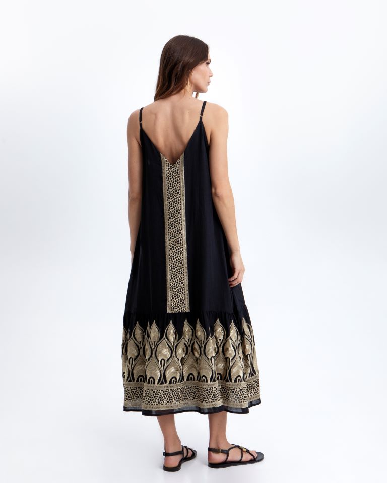 Greek Archaic Kori Black & Gold Strappy Maxi V-Neck Sleeveless Dress