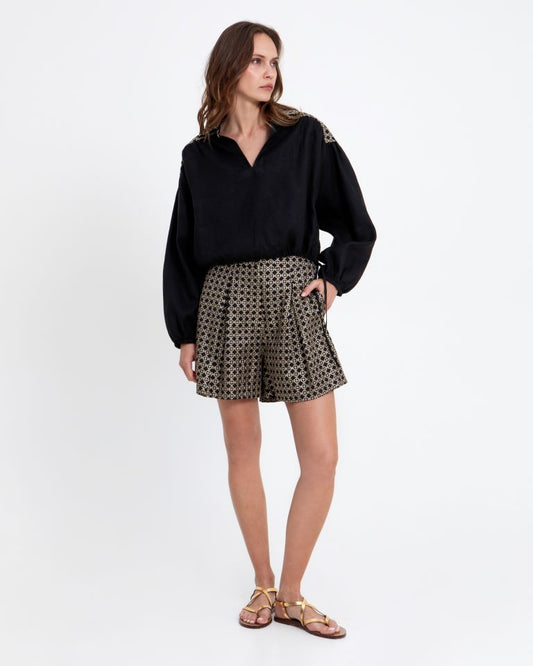 Greek Archaic Kori Black & Gold Wide Leg Shorts with Front Pleat 3091040