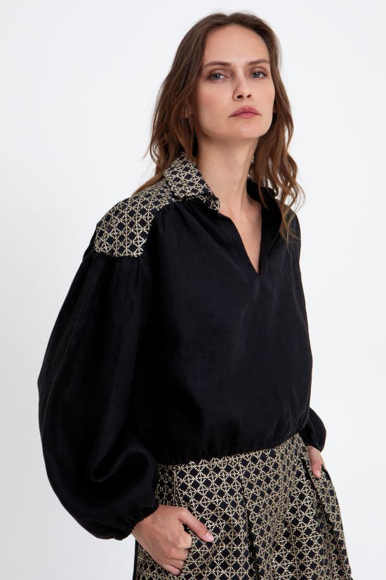 reek Archaic Kori Black Shirt with Open V Neck, Batwing Sleeves and Drawstring Hem