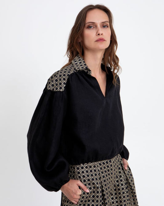 reek Archaic Kori Black Shirt with Open V Neck, Batwing Sleeves and Drawstring Hem