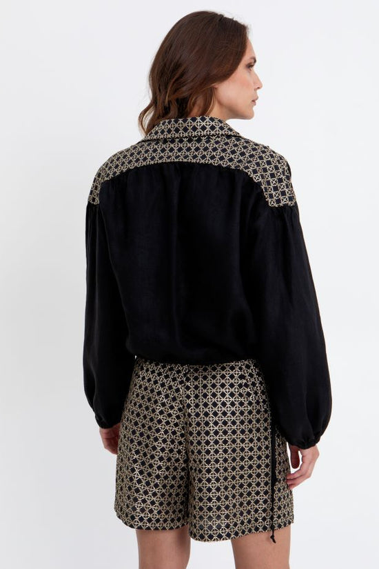 reek Archaic Kori Black Shirt with Open V Neck, Batwing Sleeves and Drawstring Hem
