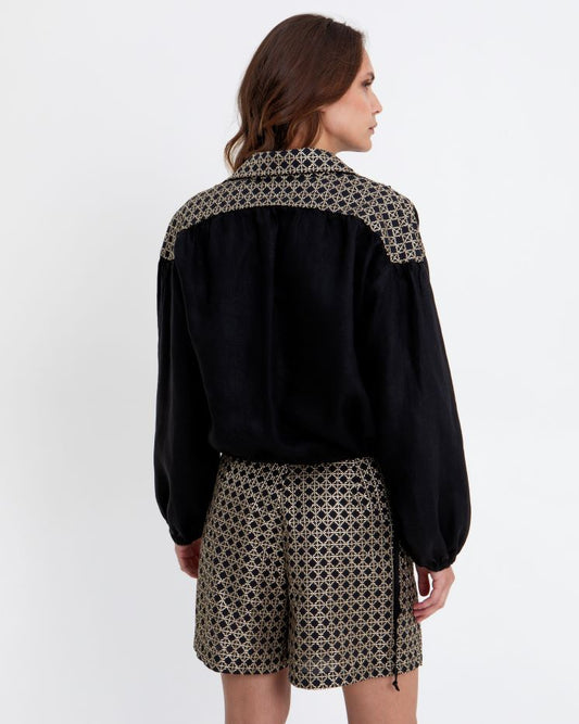 reek Archaic Kori Black Shirt with Open V Neck, Batwing Sleeves and Drawstring Hem